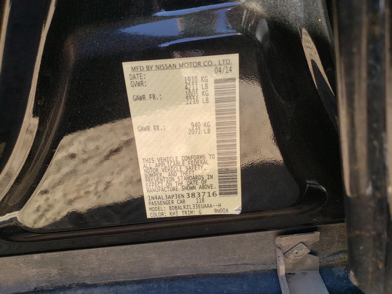 Photo 10 from auction – 2014 NISSAN ALTIMA 2.5 with VIN 1N4AL3AP3EN383716