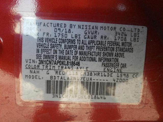 Photo 10 from auction – 2019 NISSAN VERSA S with VIN 3N1CN7AP0KL818646
