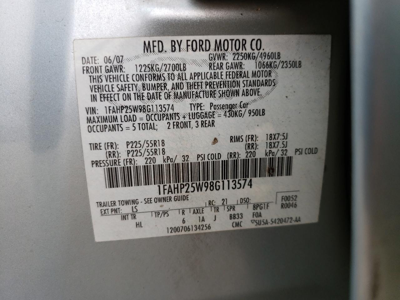 Photo 10 from auction – 2008 FORD TAURUS LIM with VIN 1FAHP25W98G113574