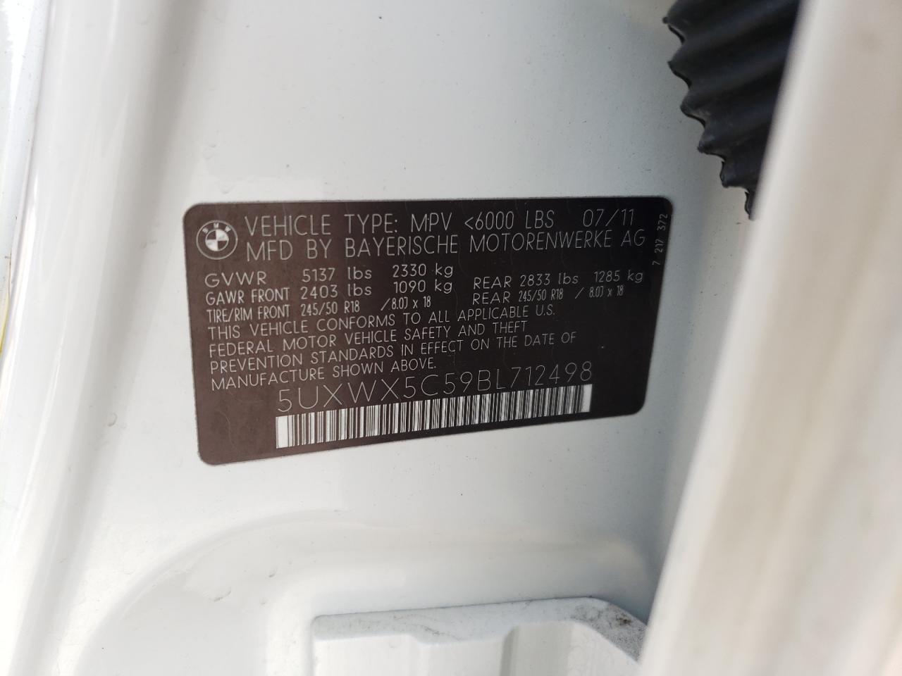 Photo 10 from auction – 2011 BMW X3 XDRIVE2 with VIN 5UXWX5C59BL712498