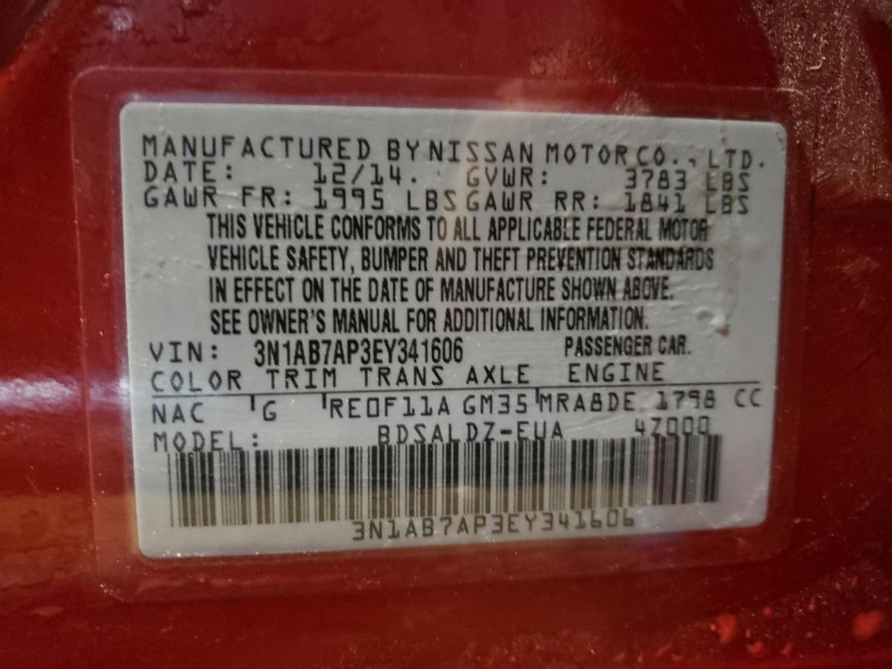 Photo 10 from auction – 2014 NISSAN SENTRA S with VIN 3N1AB7AP3EY341606