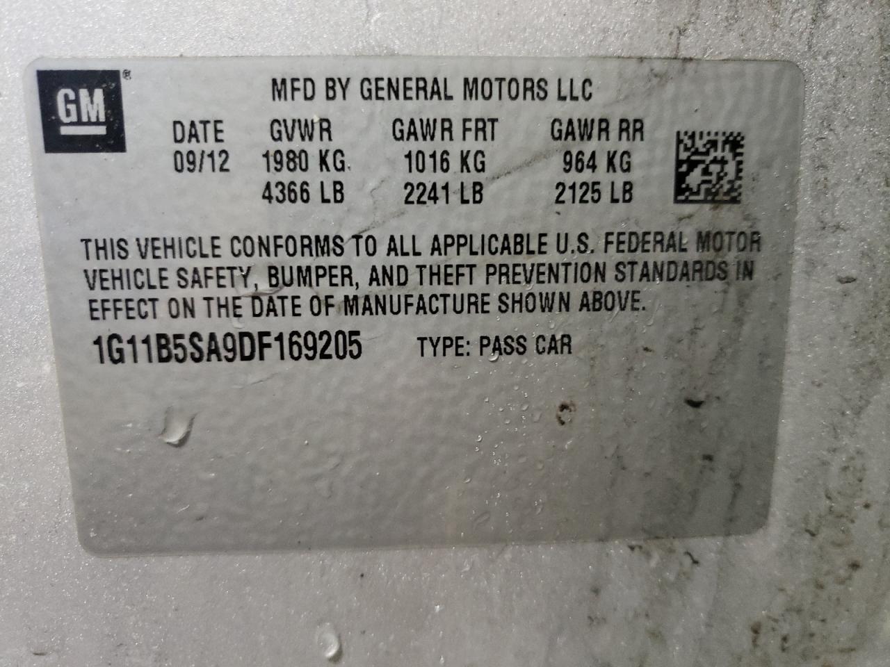 Photo 10 from auction – 2013 CHEVROLET MALIBU LS with VIN 1G11B5SA9DF169205