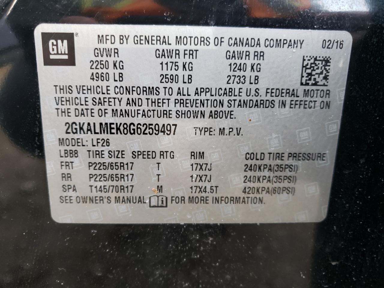 Photo 10 from auction – 2016 GMC TERRAIN SL with VIN 2GKALMEK8G6259497