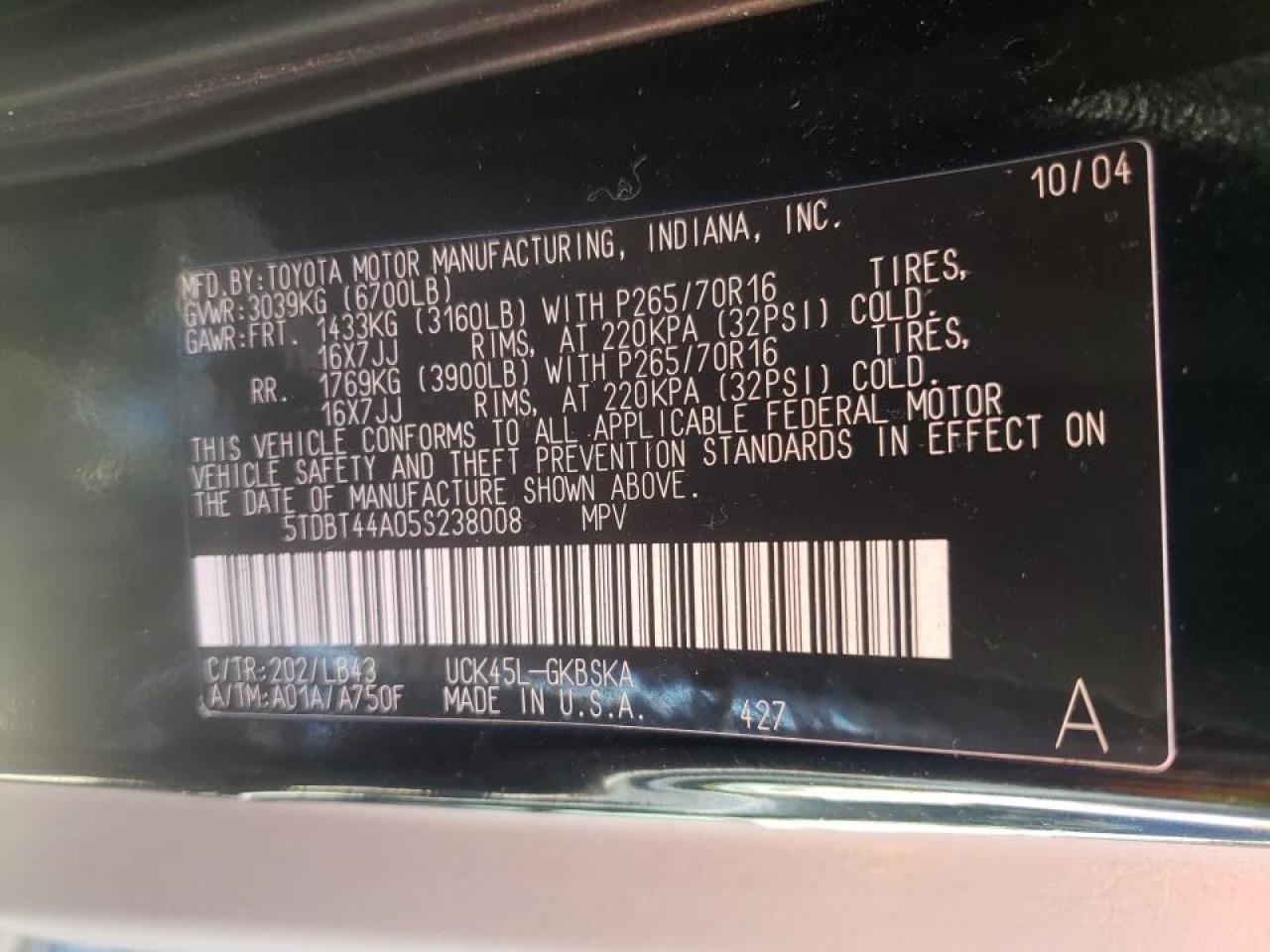 Photo 10 from auction – 2005 TOYOTA SEQUOIA SR with VIN 5TDBT44A05S238008