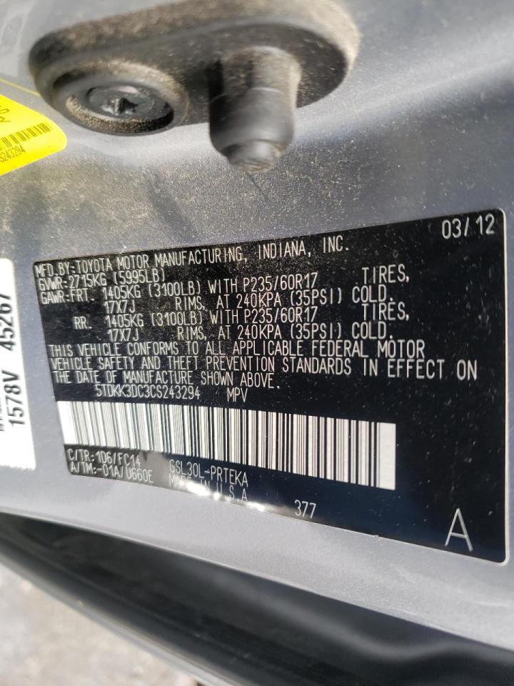 Photo 10 from auction – 2012 TOYOTA SIENNA LE with VIN 5TDKK3DC3CS243294