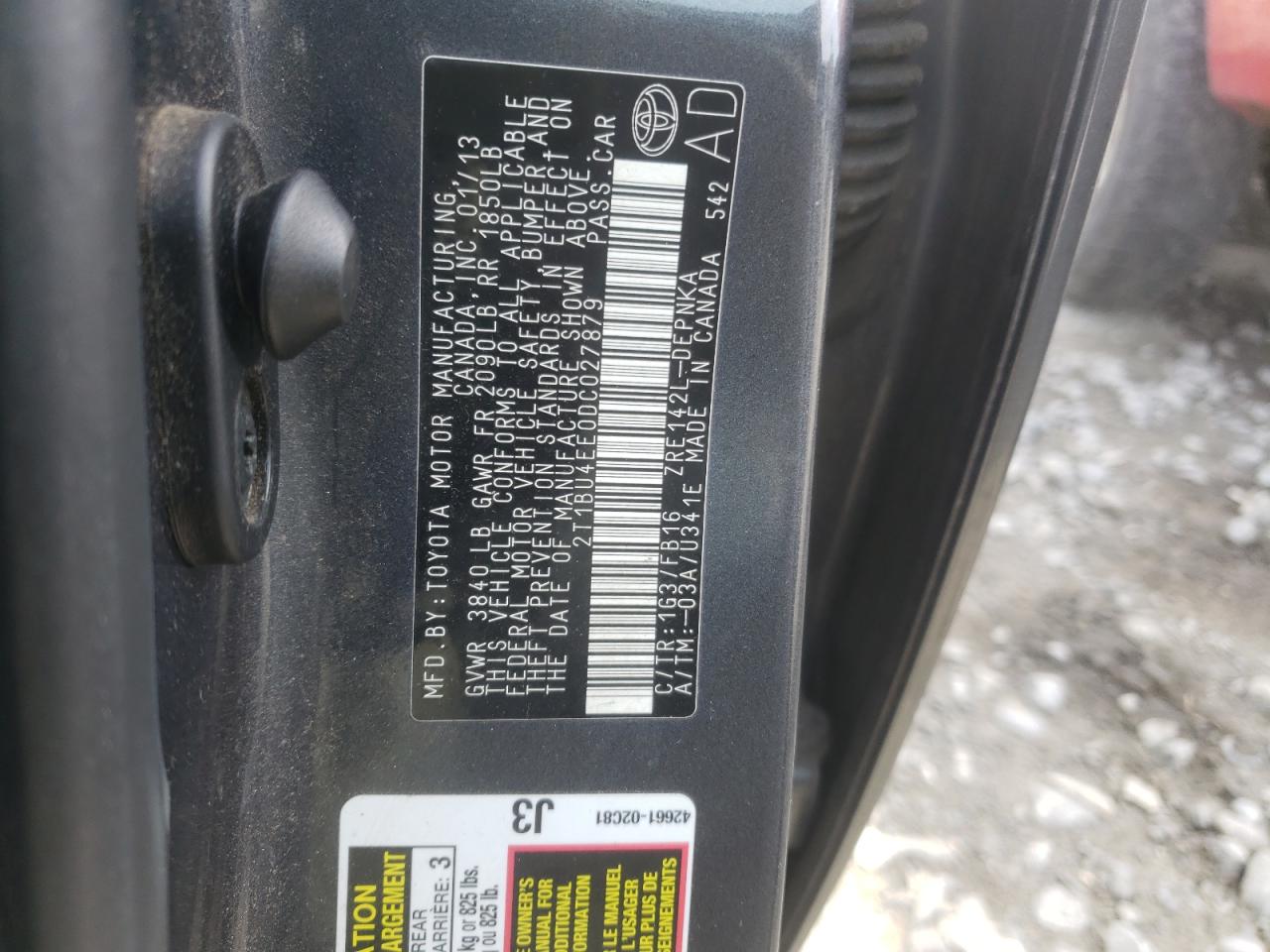 Zdjęcie 10 z aukcji – 2013 TOYOTA COROLLA BA z VIN 2T1BU4EE0DC027879