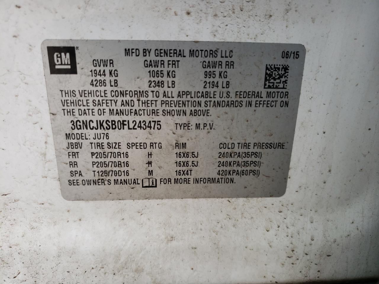 Photo 10 from auction – 2015 CHEVROLET TRAX LS with VIN 3GNCJKSB0FL243475