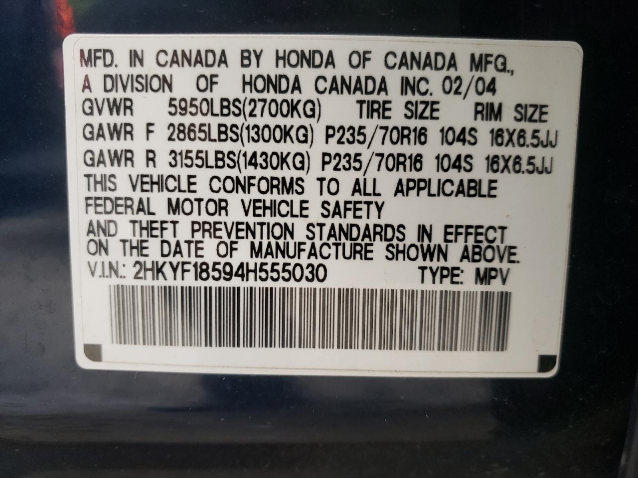 Photo 10 from auction – 2004 HONDA PILOT EXL with VIN 2HKYF18594H555030
