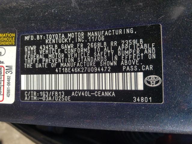 Photo 10 from auction – 2007 TOYOTA CAMRY CE with VIN 4T1BE46K27U094472