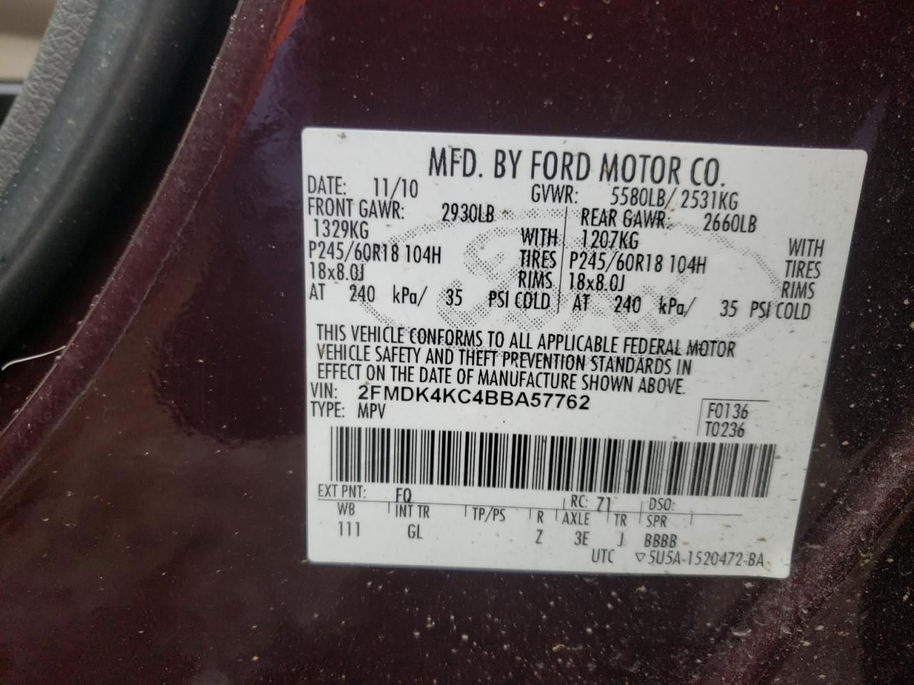 Photo 10 from auction – 2011 FORD EDGE LIMIT with VIN 2FMDK4KC4BBA57762