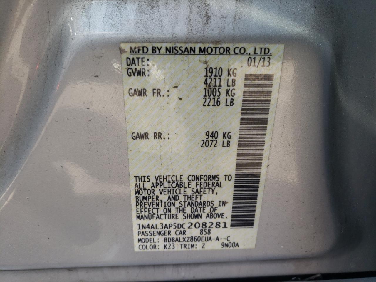 Photo 10 from auction – 2013 NISSAN ALTIMA 2.5 with VIN 1N4AL3AP5DC208281