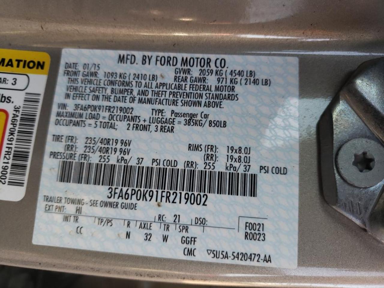 Photo 10 from auction – 2015 FORD FUSION TIT with VIN 3FA6P0K91FR219002