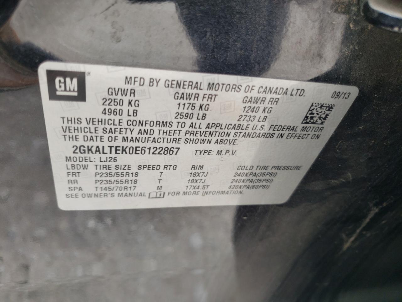 Photo 10 from auction – 2014 GMC TERRAIN SL with VIN 2GKALTEK0E6122867