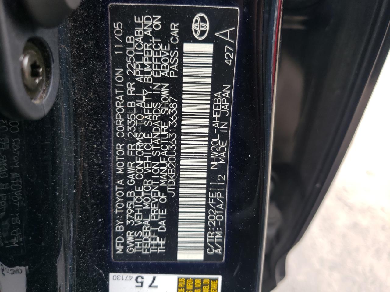 Photo 10 from auction – 2006 TOYOTA PRIUS with VIN JTDKB20U363136387