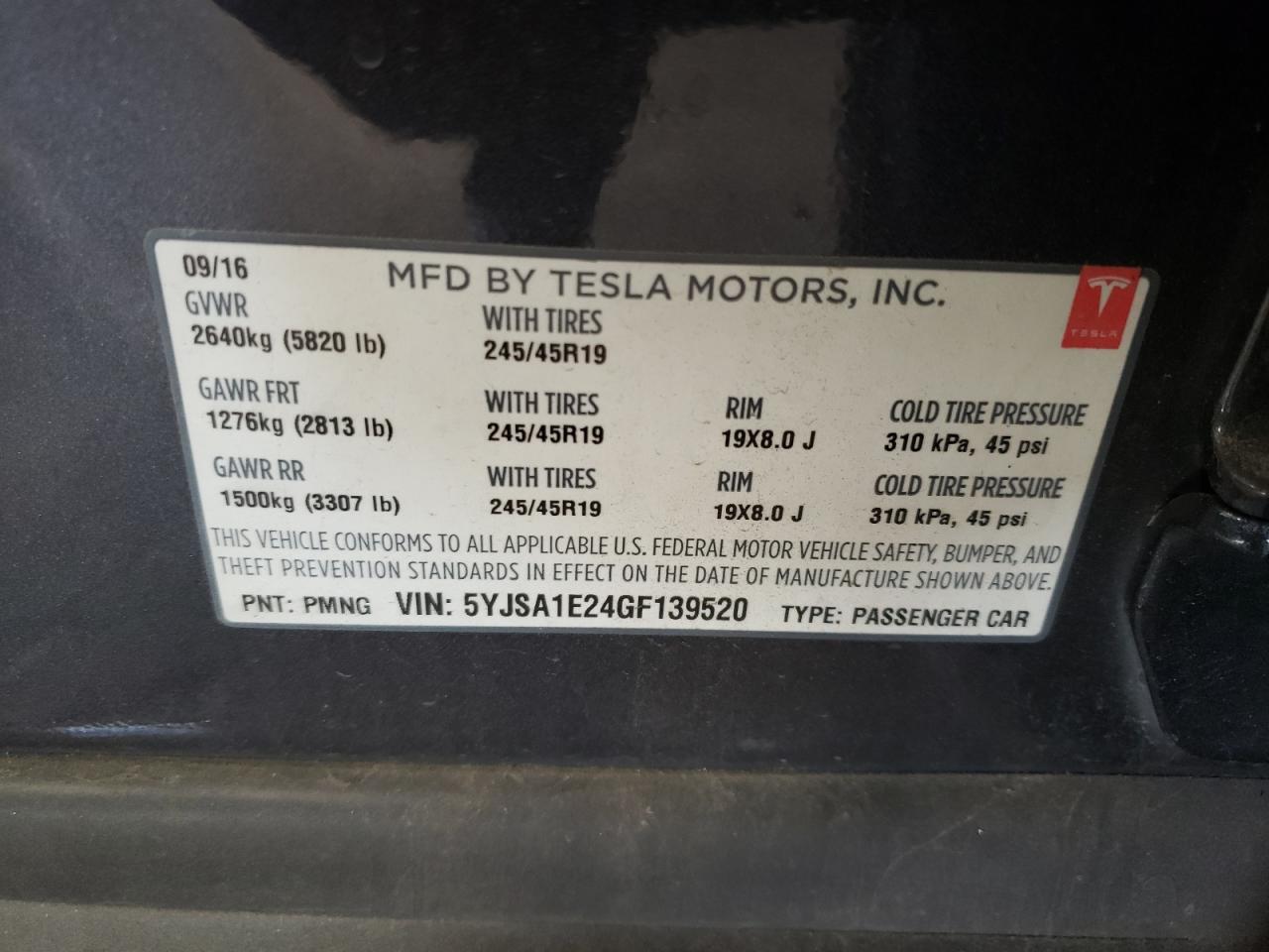 Photo 10 from auction – 2016 TESLA MODEL S with VIN 5YJSA1E24GF139520