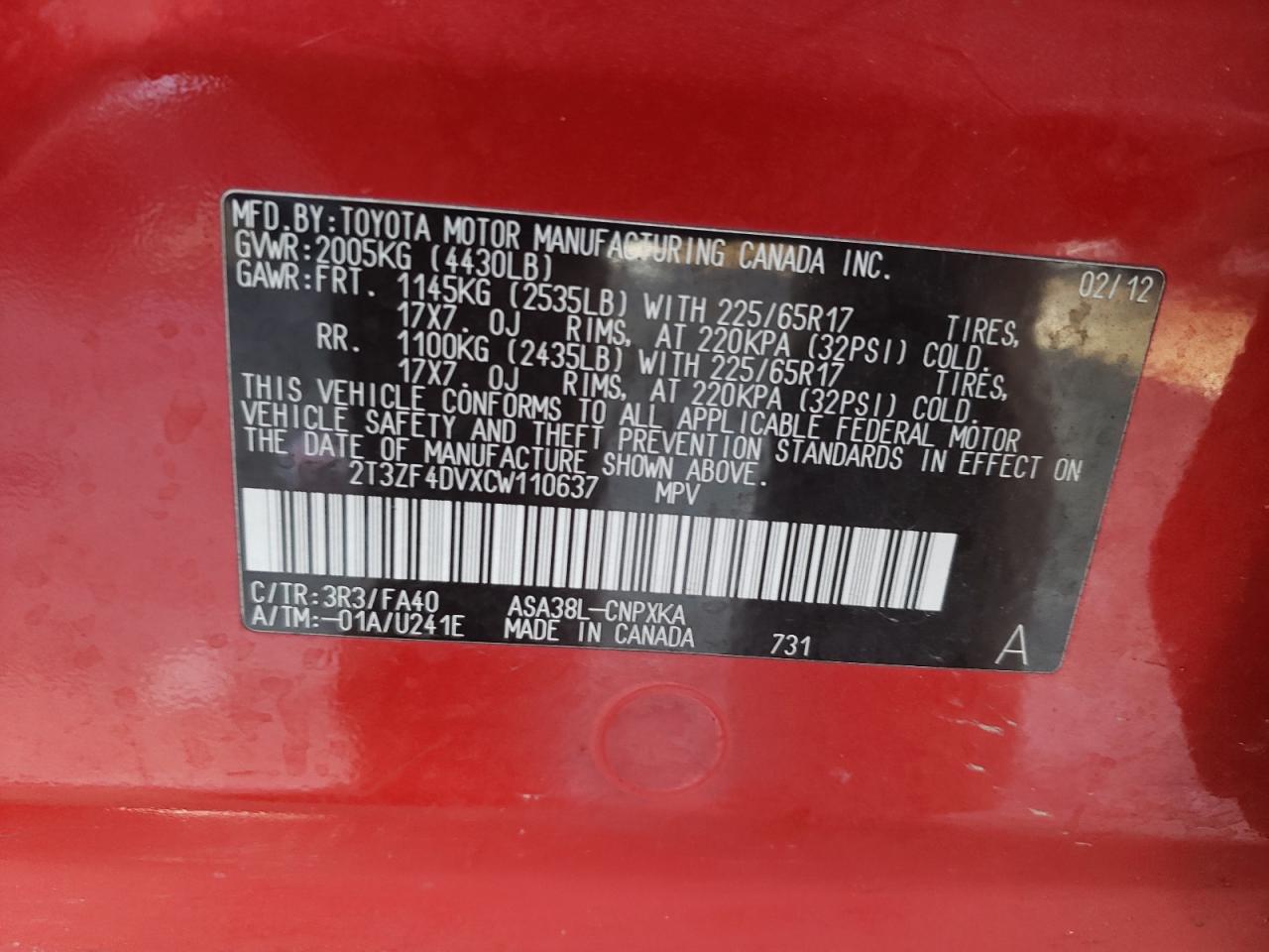 صورة رقم 10 من المزاد - 2012 TOYOTA RAV4 مع VIN 2T3ZF4DVXCW110637
