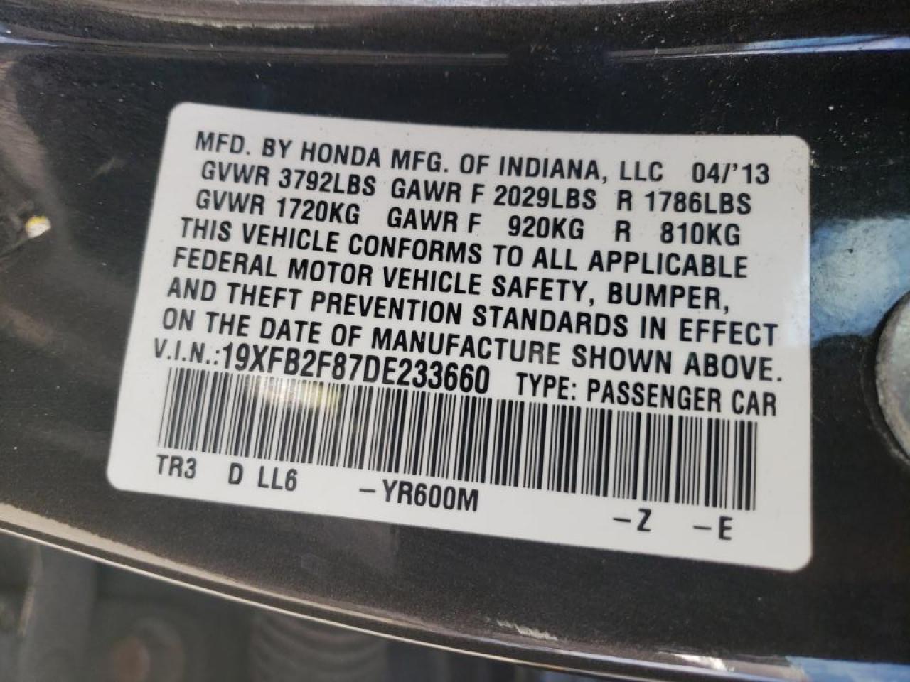 Photo 10 from auction – 2013 HONDA CIVIC EX with VIN 19XFB2F87DE233660