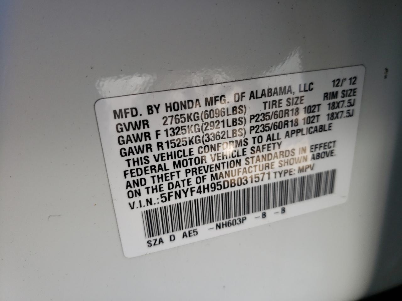 Photo 10 from auction – 2013 HONDA PILOT TOUR with VIN 5FNYF4H95DB031571
