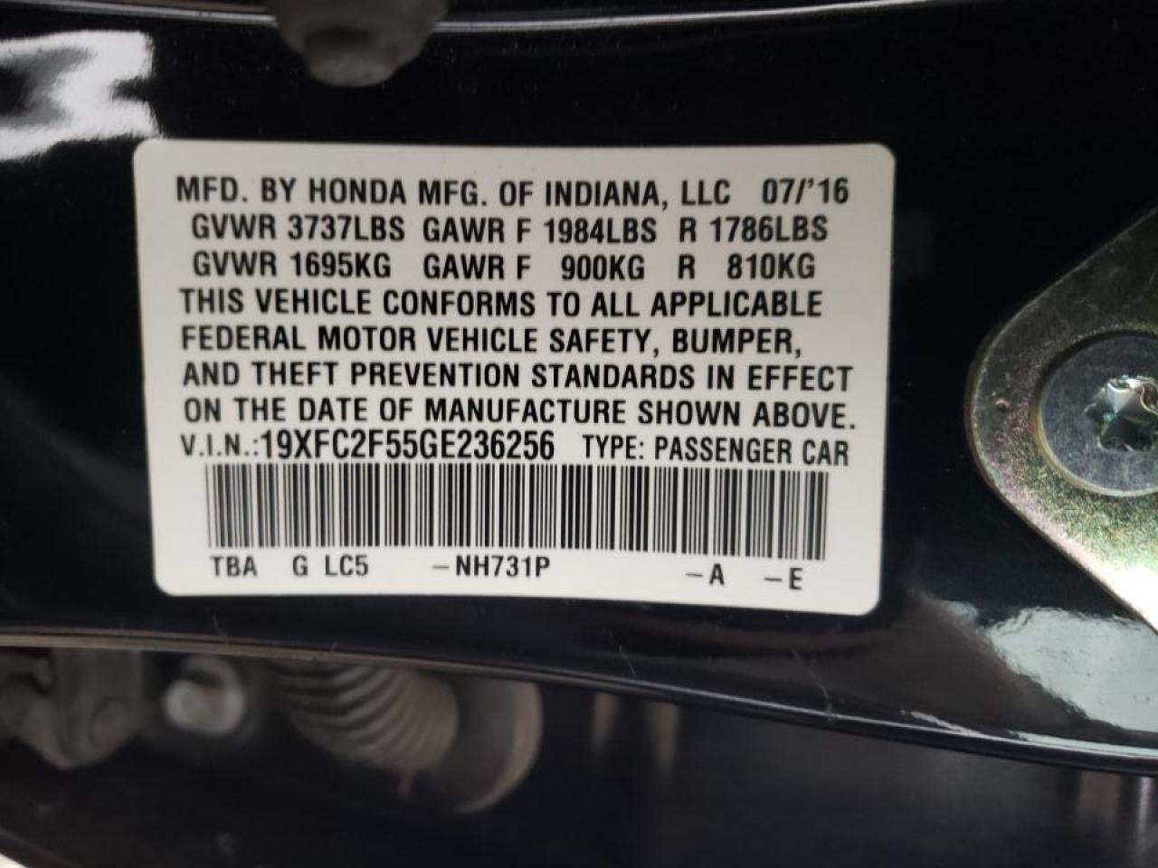 Photo 10 from auction – 2016 HONDA CIVIC LX with VIN 19XFC2F55GE236256
