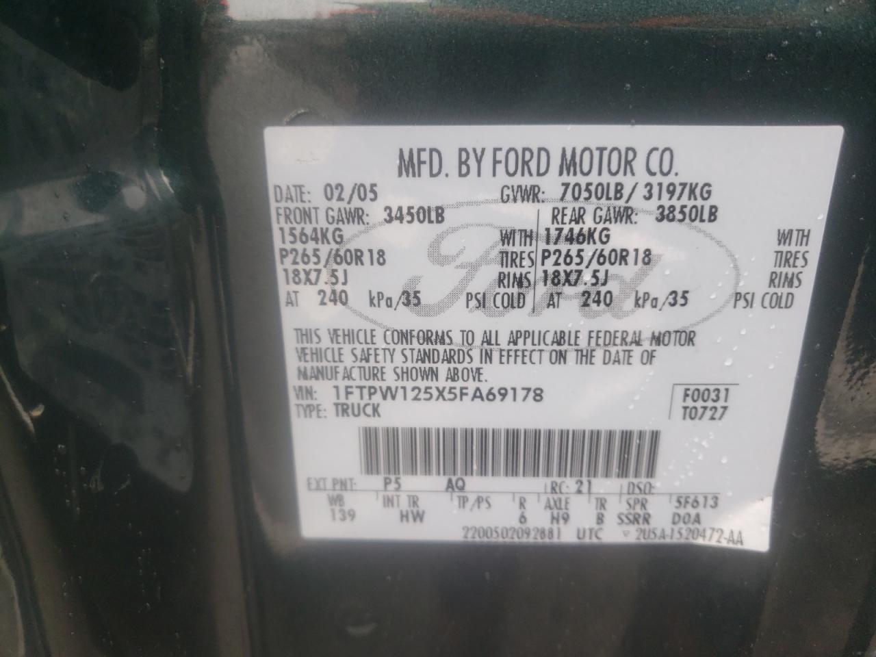 Photo 10 from auction – 2005 FORD F150 SUPER with VIN 1FTPW125X5FA69178