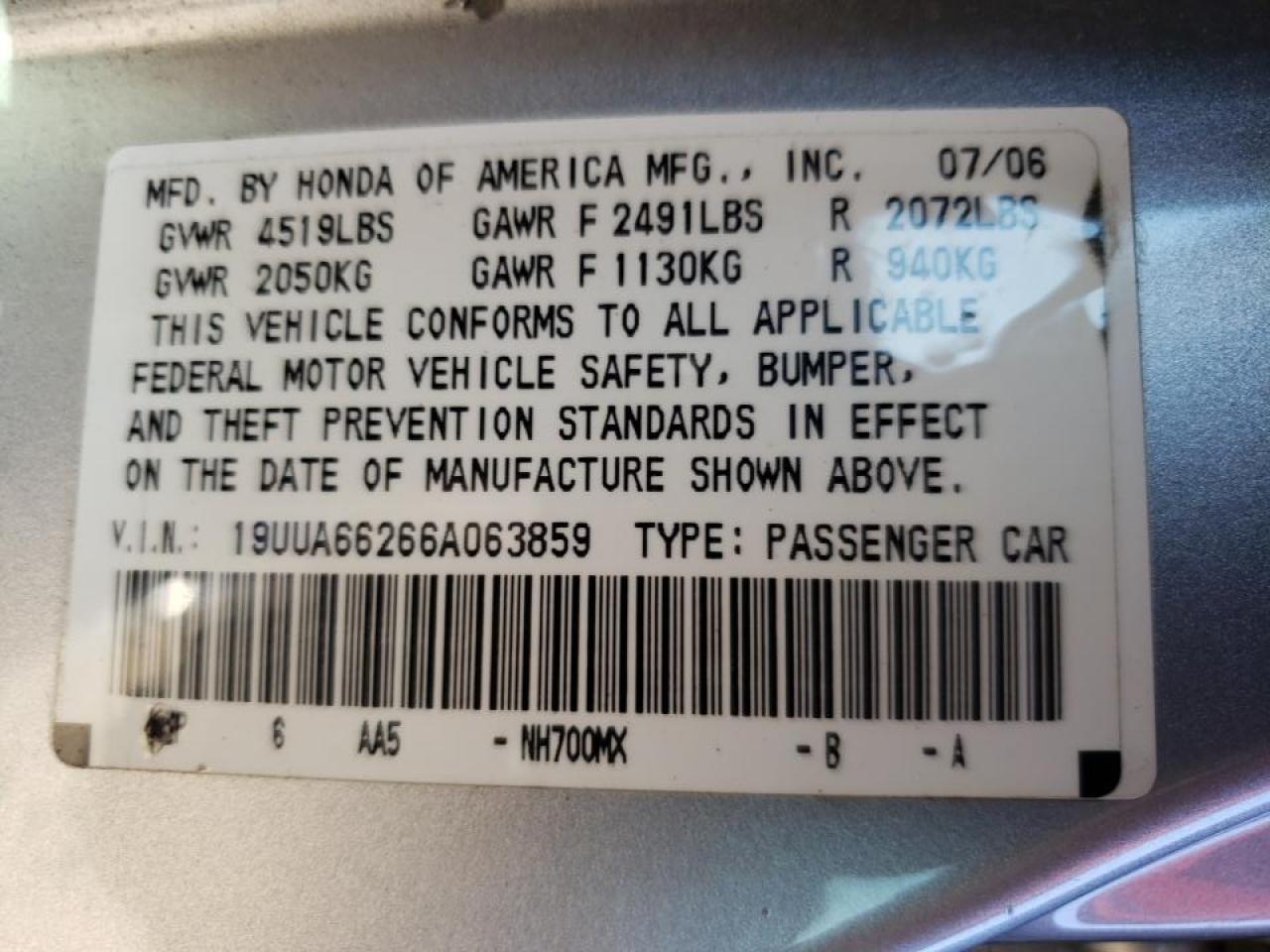 Photo 10 from auction – 2006 ACURA 3.2TL with VIN 19UUA66266A063859