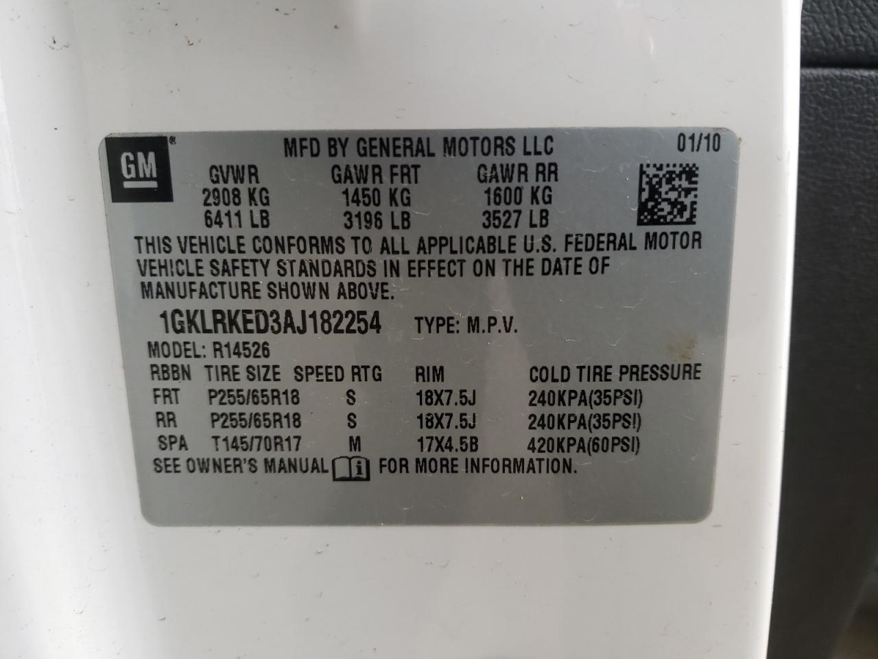 Photo 10 from auction – 2010 GMC ACADIA SL with VIN 1GKLRKED3AJ182254
