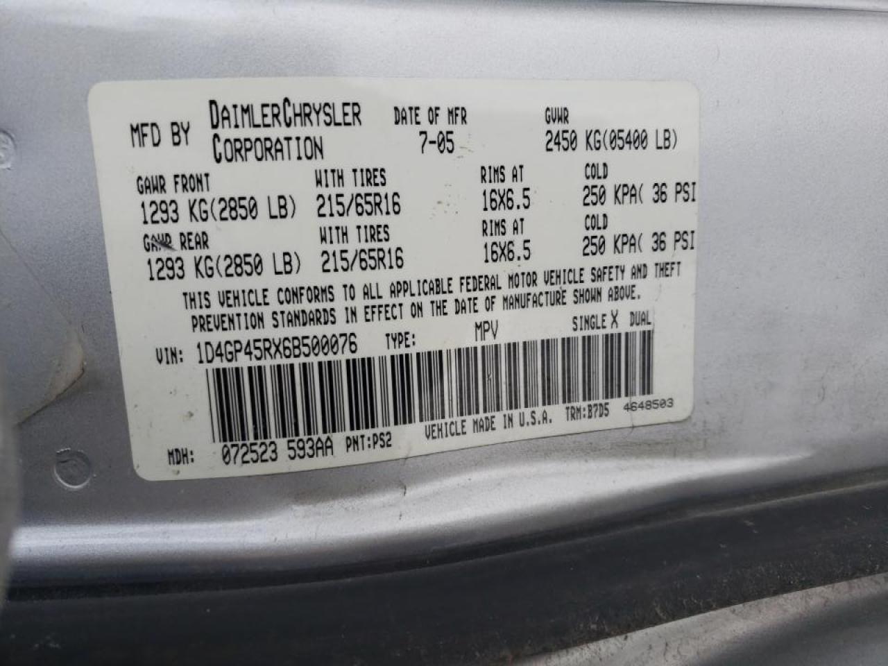 Photo 10 from auction – 2006 DODGE CARAVAN SX with VIN 1D4GP45RX6B500076