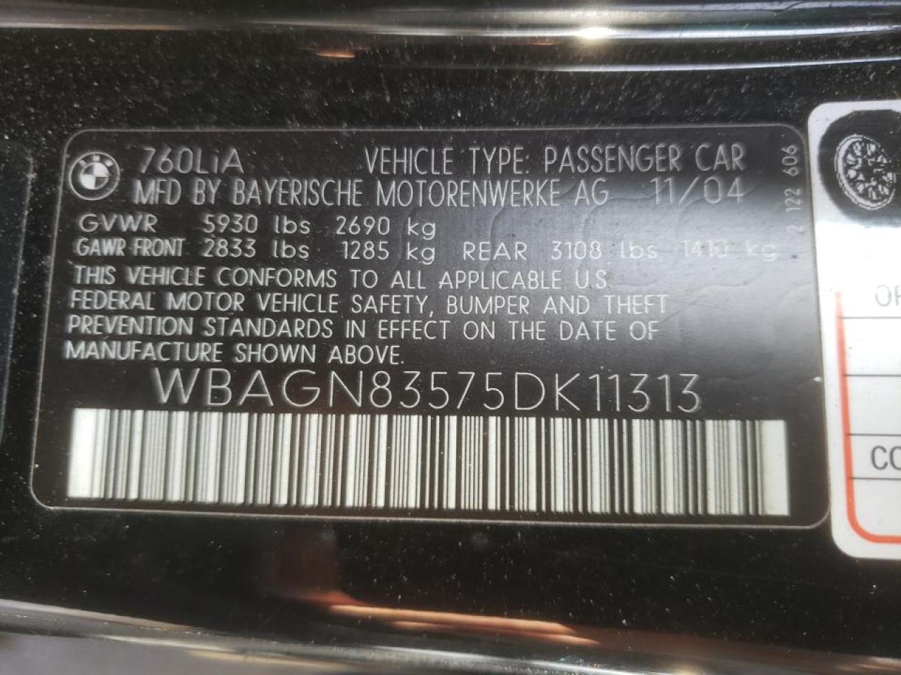 Photo 10 from auction – 2005 BMW 760 LI with VIN WBAGN83575DK11313