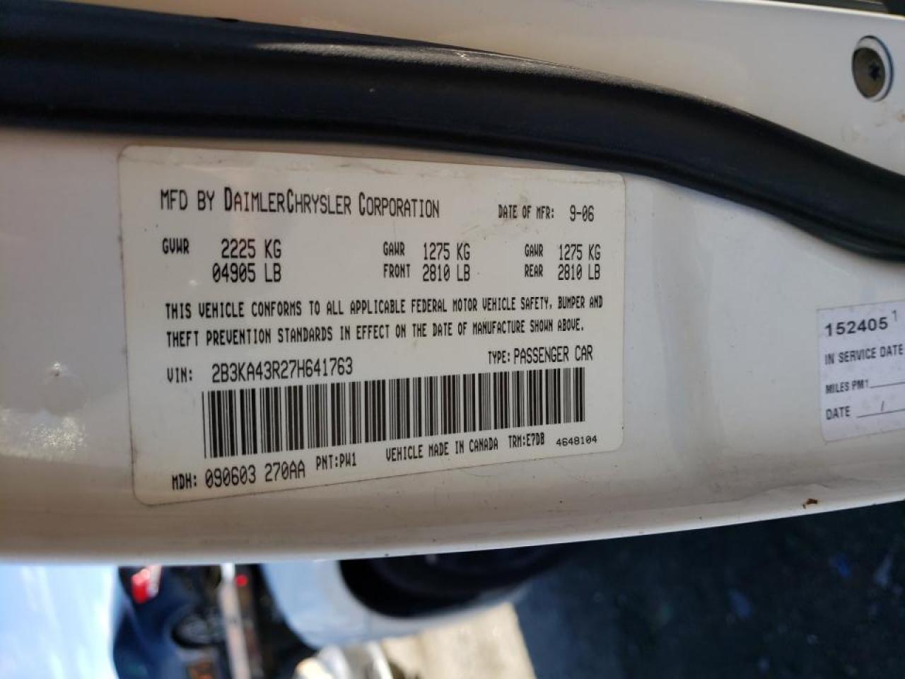 Photo 10 from auction – 2007 DODGE CHARGER SE with VIN 2B3KA43R27H641763
