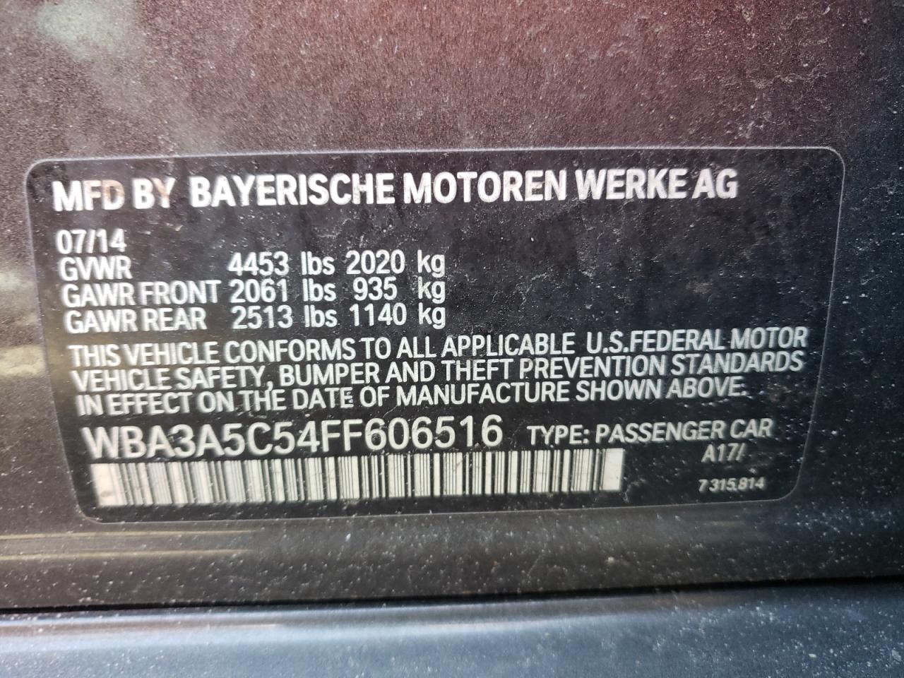 Photo 10 from auction – 2015 BMW 328 I with VIN WBA3A5C54FF606516
