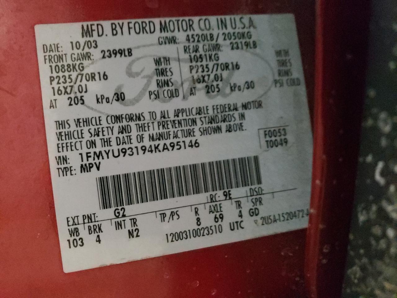 Photo 10 from auction – 2004 FORD ESCAPE XLT with VIN 1FMYU93194KA95146