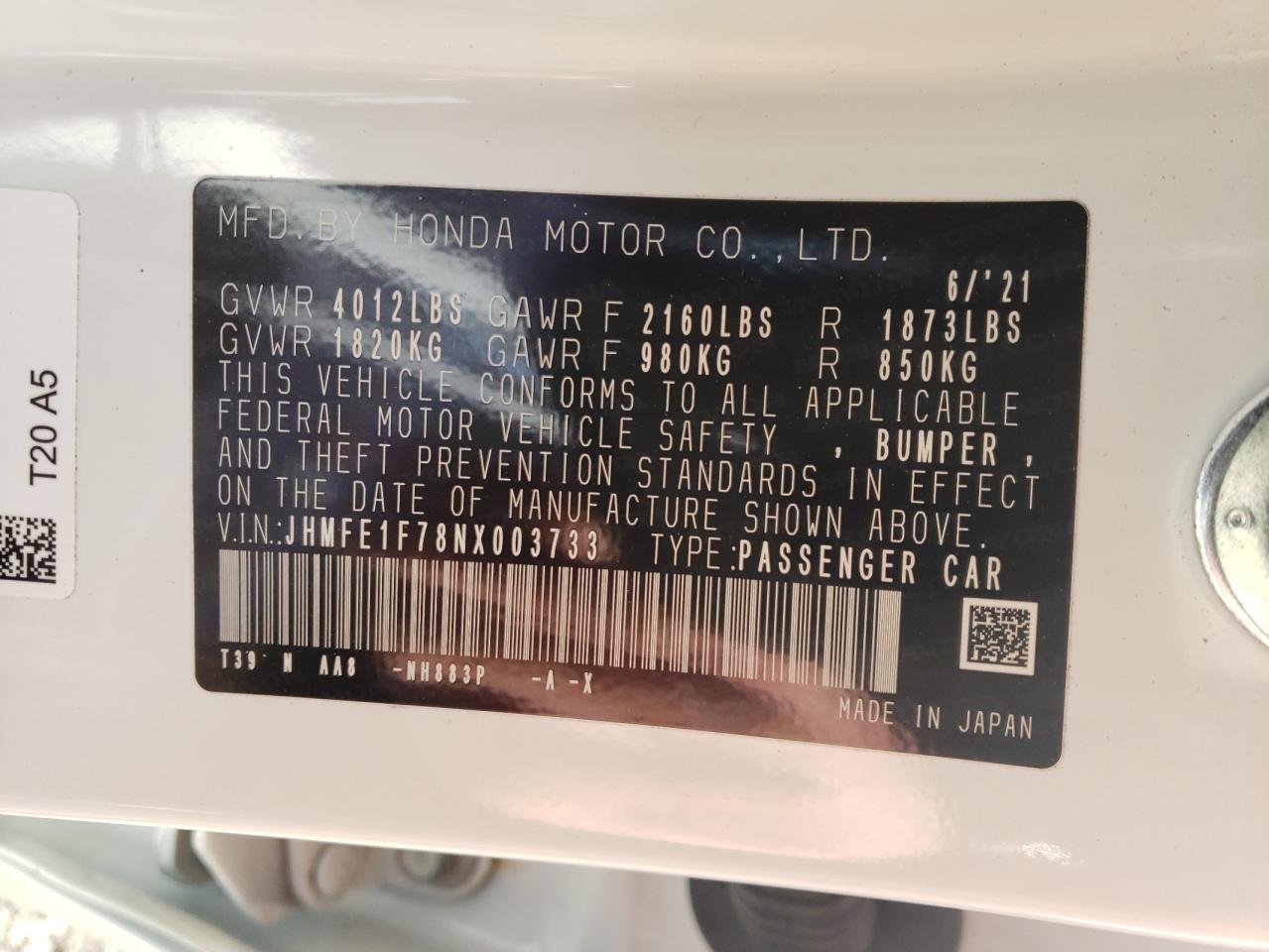 Photo 10 from auction – 2022 HONDA CIVIC EX with VIN JHMFE1F78NX003733