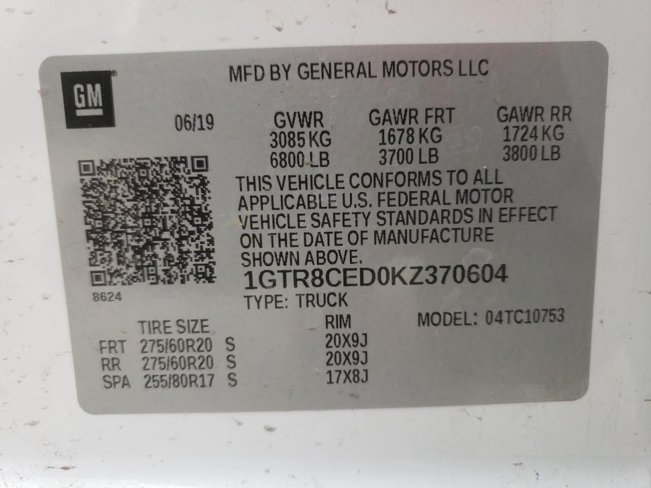 Photo 10 from auction – 2019 GMC SIERRA C15 with VIN 1GTR8CED0KZ370604