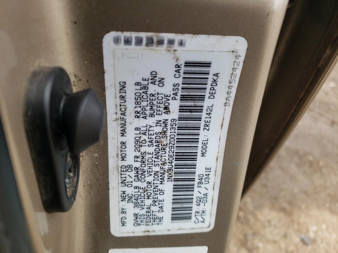 Photo 10 from auction – 2009 TOYOTA COROLLA BA with VIN 1NXBU40E29Z001359