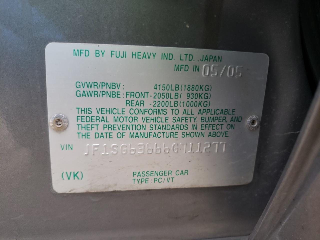 Photo 10 from auction – 2006 SUBARU FORESTER 2 with VIN JF1SG63666G711277