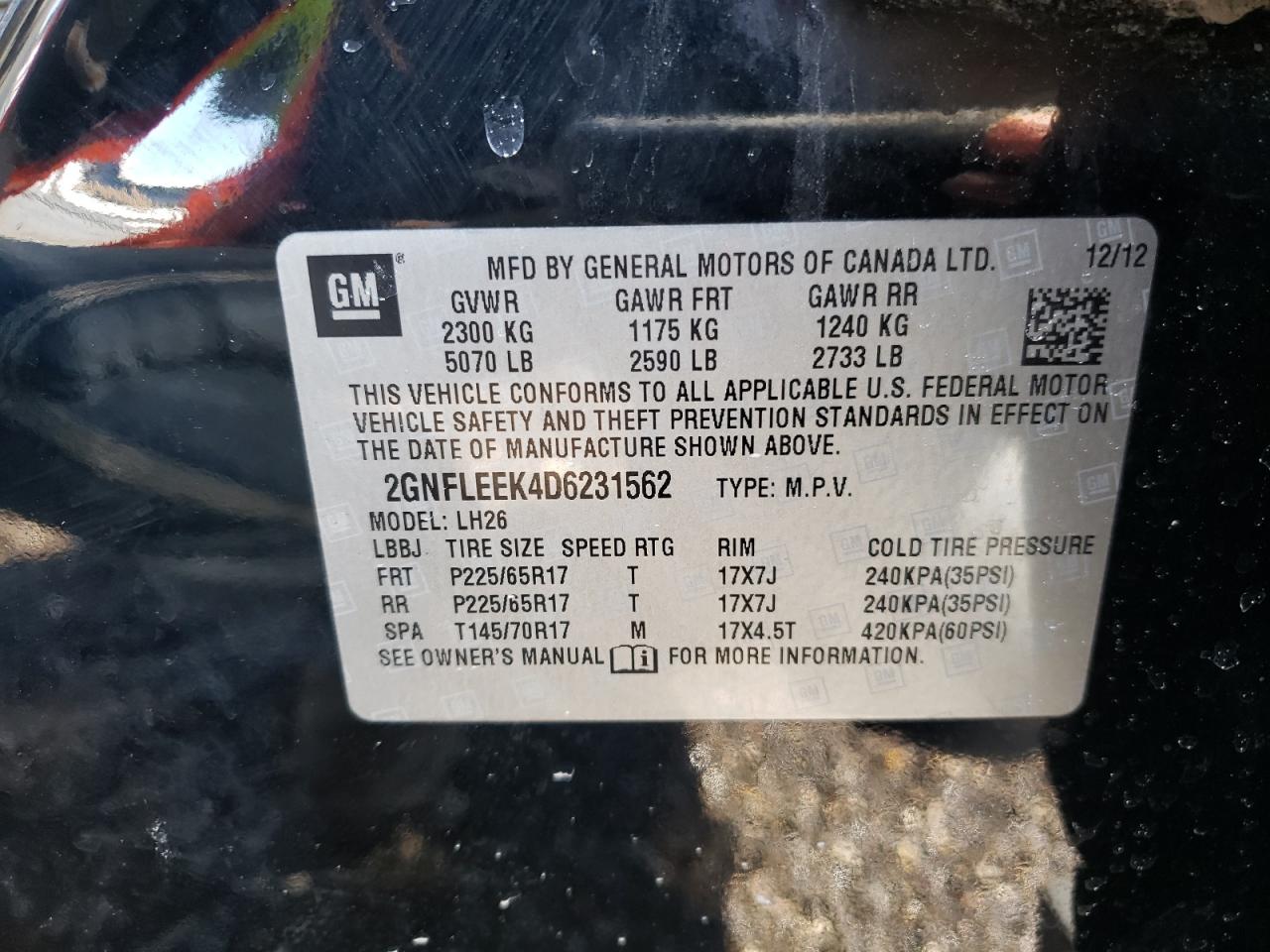 Photo 10 from auction – 2013 CHEVROLET EQUINOX LT with VIN 2GNFLEEK4D6231562