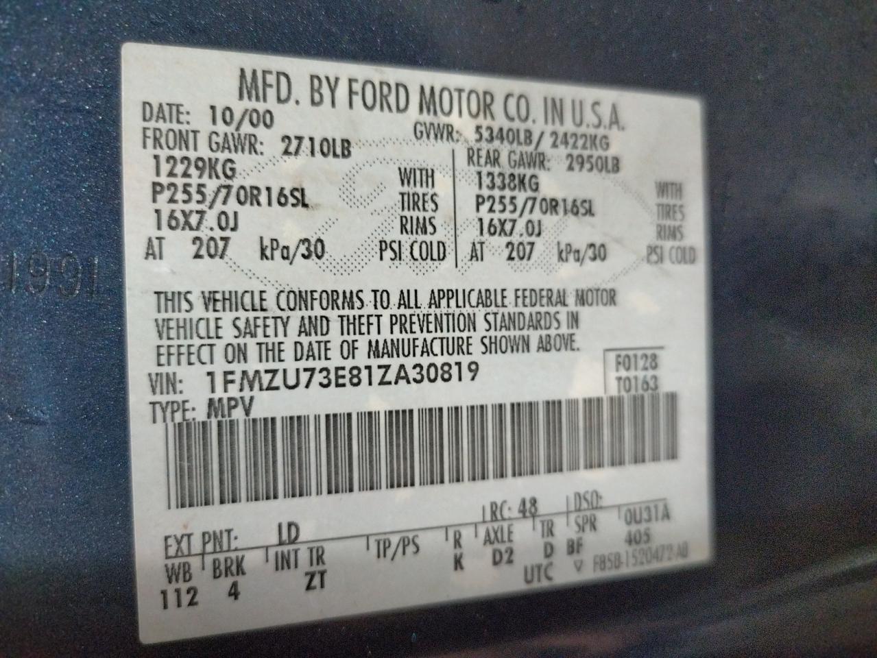 Photo 10 from auction – 2001 FORD EXPLORER X with VIN 1FMZU73E81ZA30819