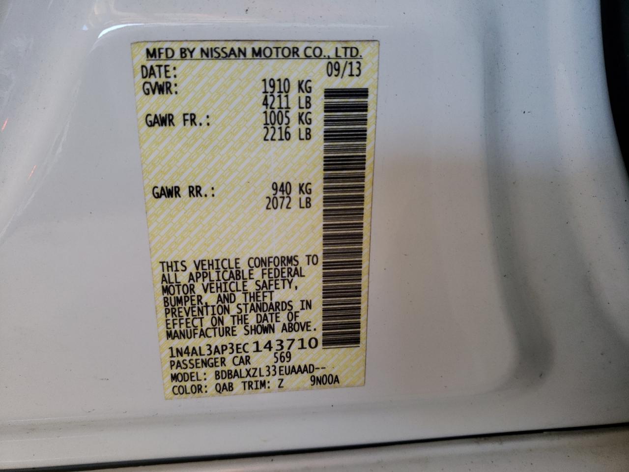 Photo 10 from auction – 2014 NISSAN ALTIMA with VIN 1N4AL3AP3EC143710