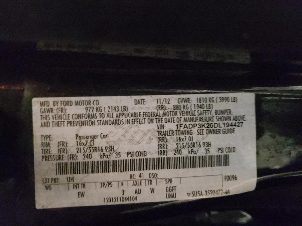 Photo 10 from auction – 2013 FORD FOCUS SE with VIN 1FADP3K26DL194427