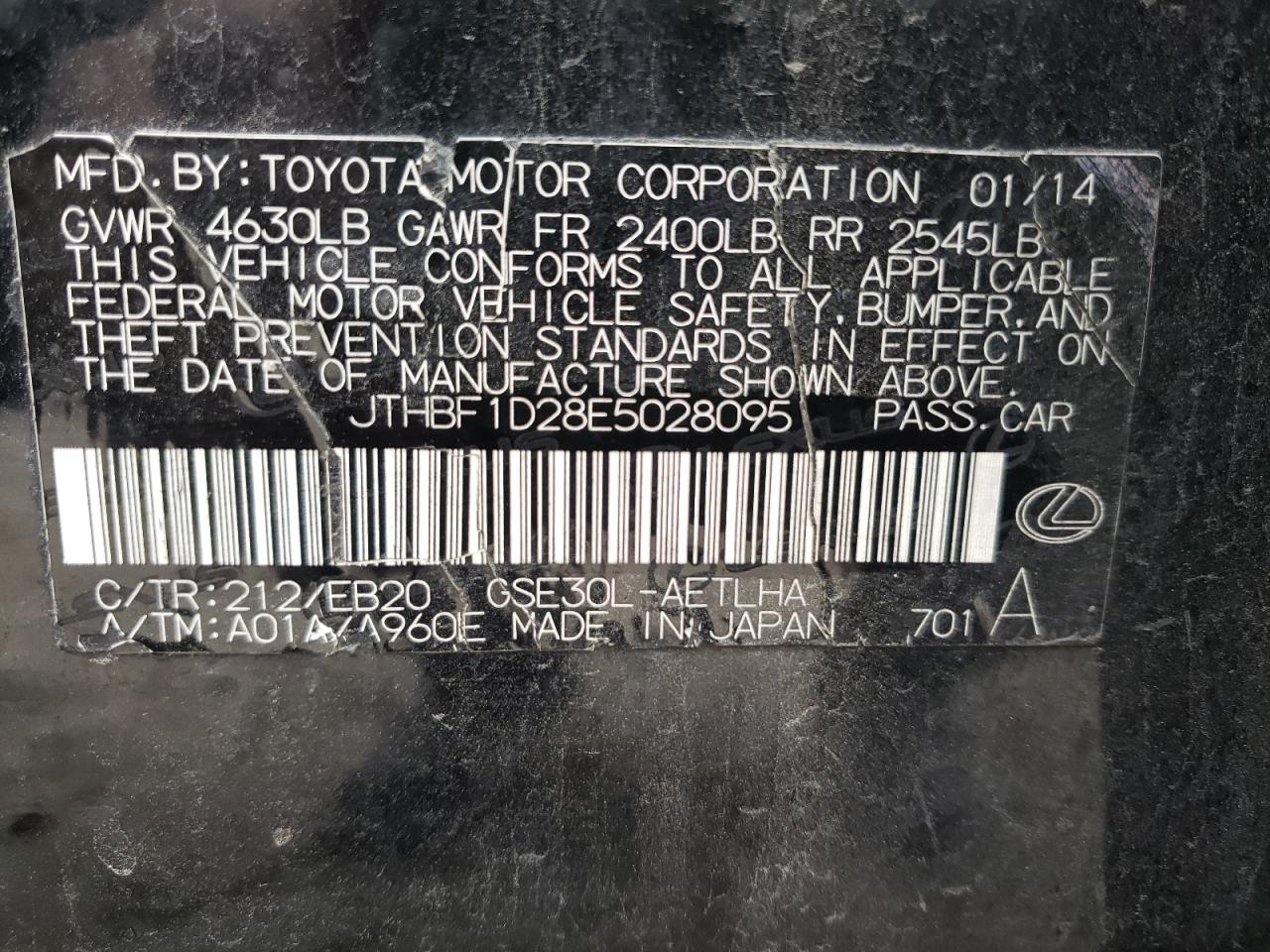 Photo 10 from auction – 2014 LEXUS IS 250 with VIN JTHBF1D28E5028095