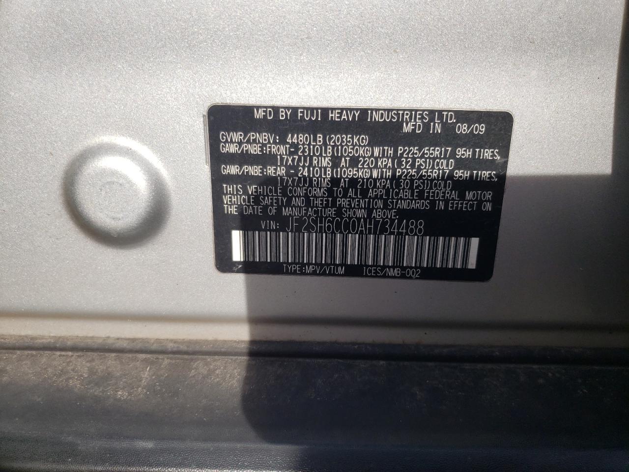 Photo 11 from auction – 2010 SUBARU FORESTER 2 with VIN JF2SH6CC0AH734488