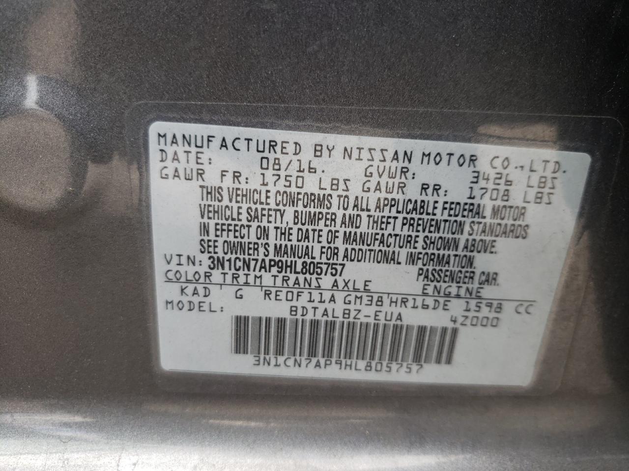 Photo 10 from auction – 2017 NISSAN VERSA S with VIN 3N1CN7AP9HL805757