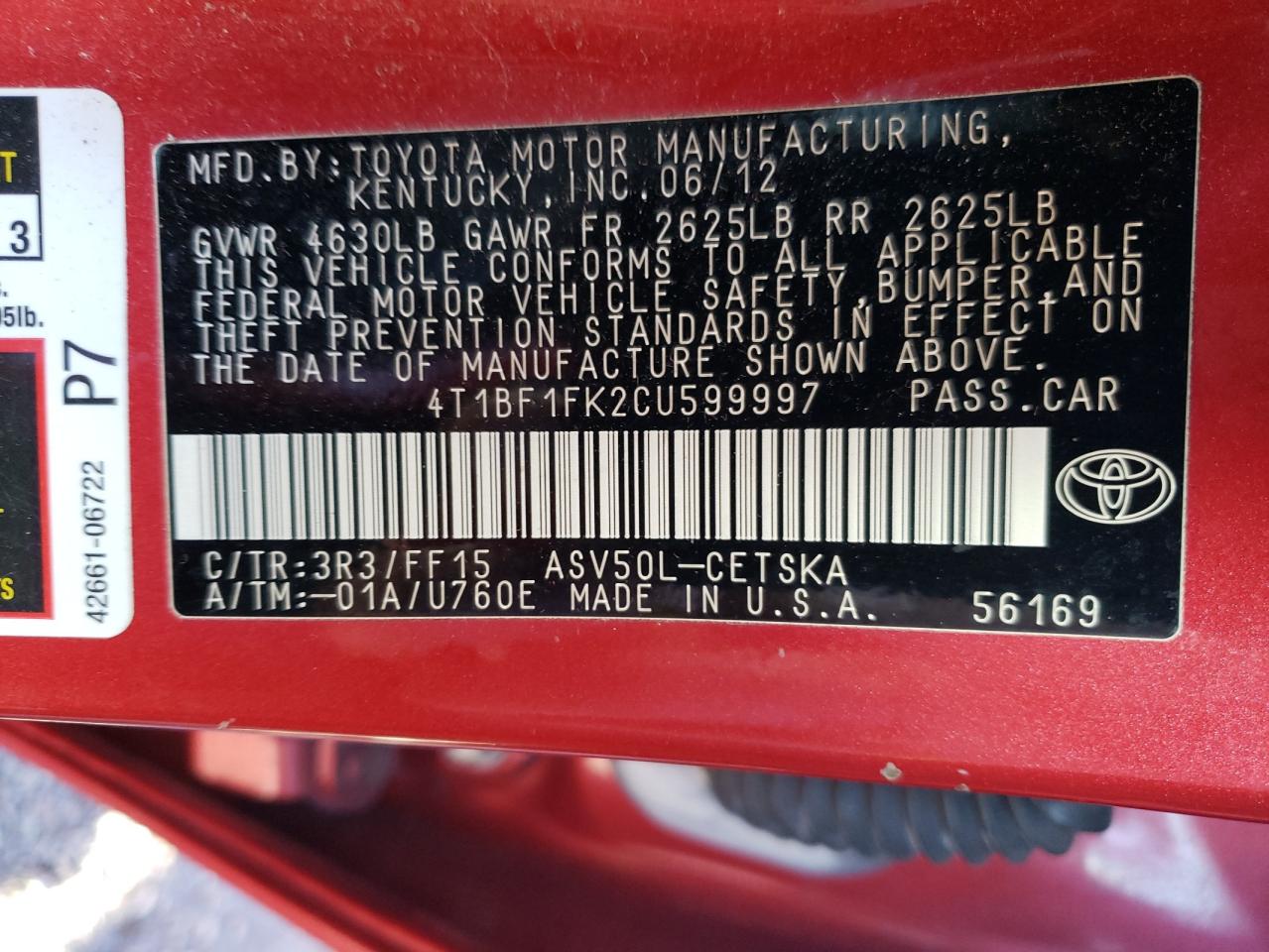 Photo 10 from auction – 2012 TOYOTA CAMRY with VIN 4T1BF1FK2CU599997
