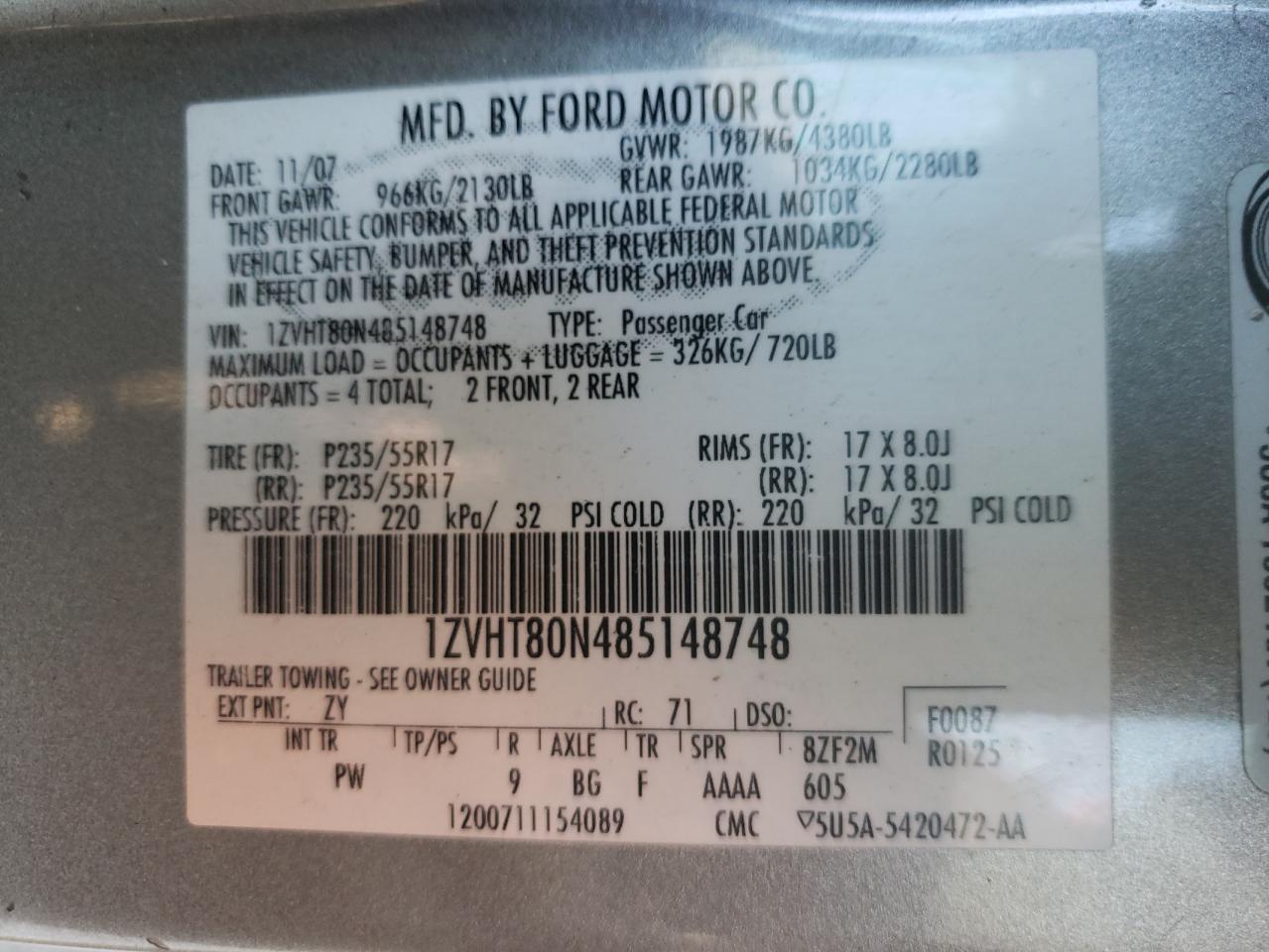 Photo 10 from auction – 2008 FORD MUSTANG with VIN 1ZVHT80N485148748
