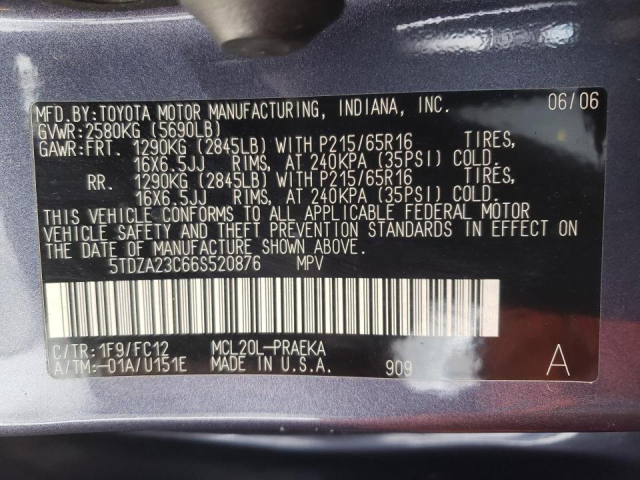 Photo 10 from auction – 2006 TOYOTA SIENNA CE with VIN 5TDZA23C66S520876