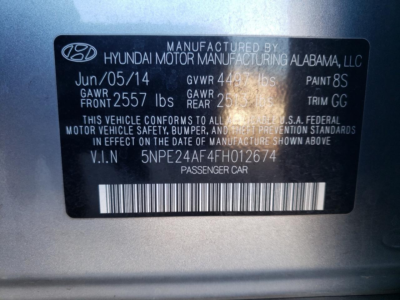 Photo 10 from auction – 2015 HYUNDAI SONATA SE with VIN 5NPE24AF4FH012674