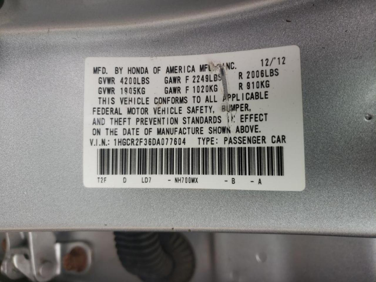 Photo 10 from auction – 2013 HONDA ACCORD LX with VIN 1HGCR2F36DA077604