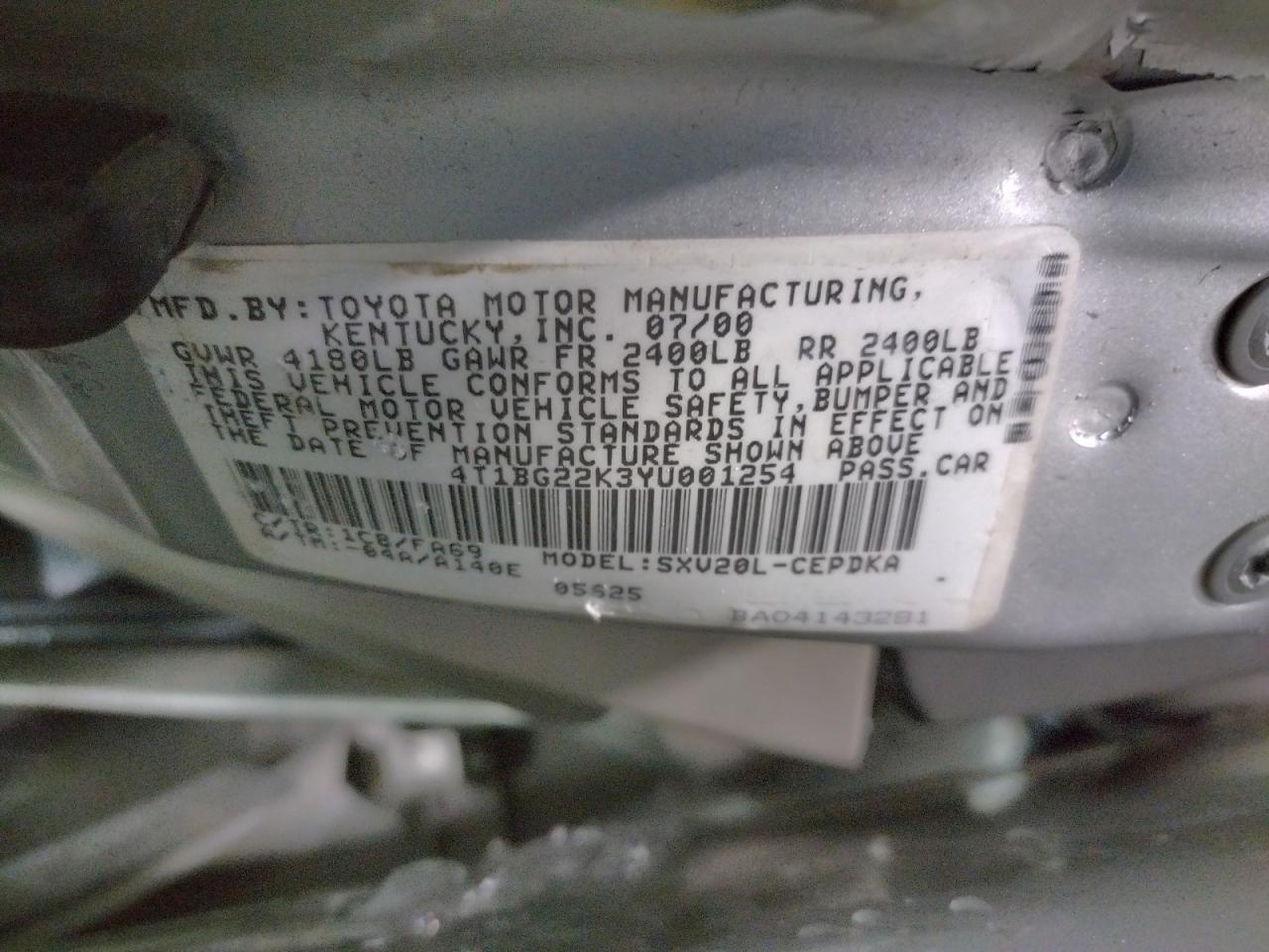 Photo 10 from auction – 2000 TOYOTA CAMRY CE with VIN 4T1BG22K3YU001254