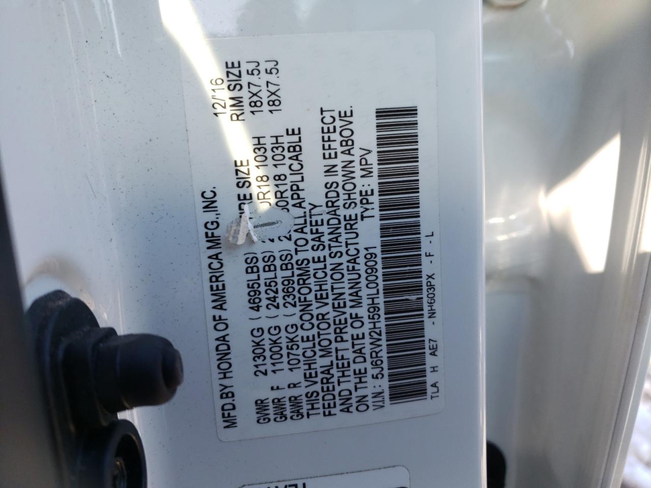 Photo 10 from auction – 2017 HONDA CR-V EX with VIN 5J6RW2H59HL009091