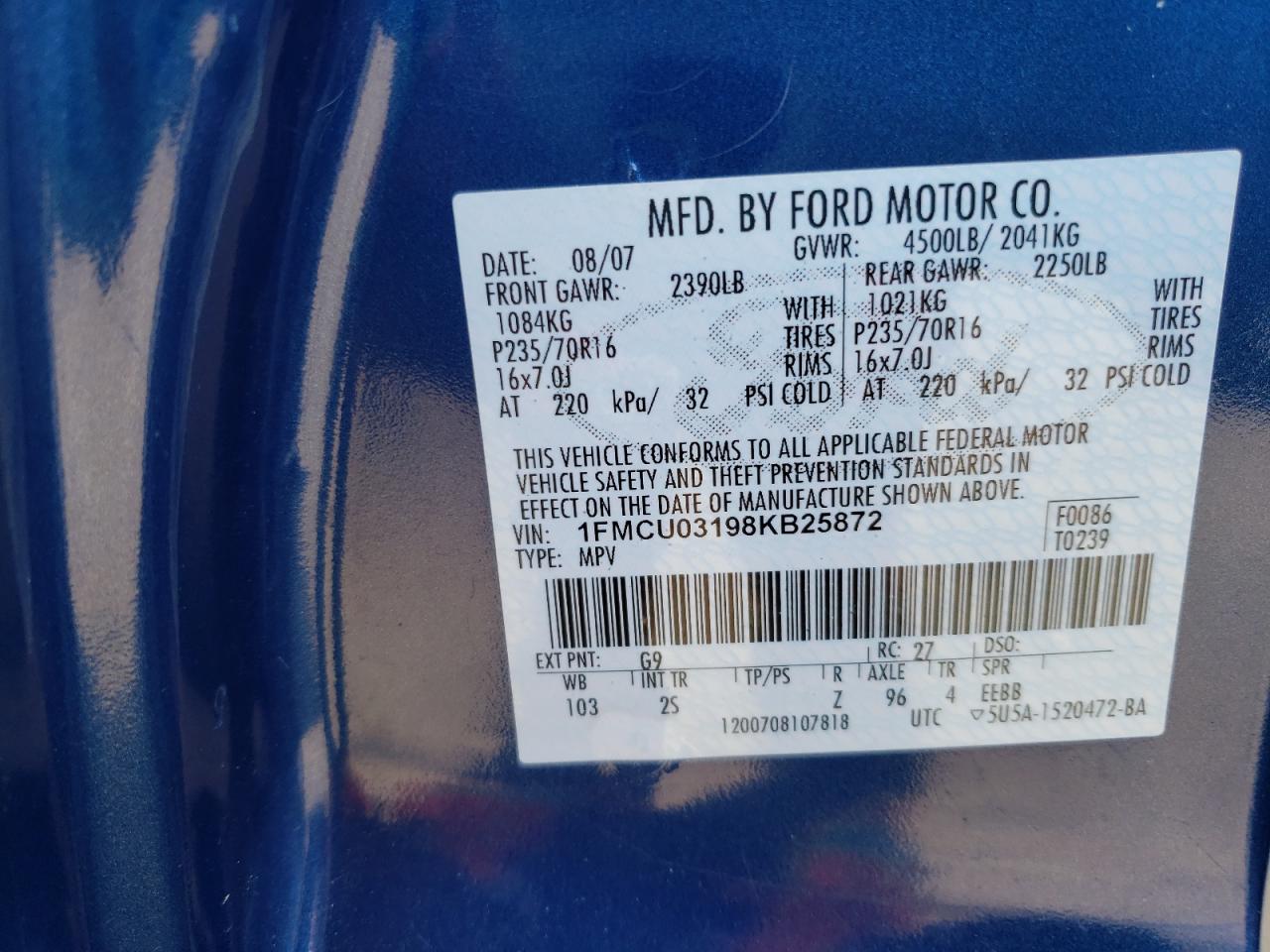 Photo 10 from auction – 2008 FORD ESCAPE XLT with VIN 1FMCU03198KB25872
